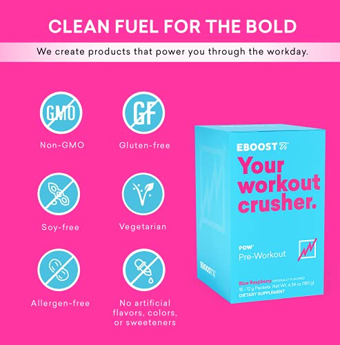 EBOOST POW Natural Pre-Workout – 15 Packets – Blue Raspberry - Pre Workout Supplement for Performance, Energy, Focus - Men Women - Non-GMO, Gluten-Free, No Creatine