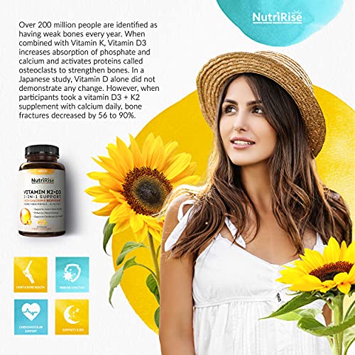 Vitamin K2 + D3 5000 IU Supplement with Calcium & BioPerine. Maximum Absorption. Supports Healthy Heart, Bones & Teeth. Powerful Immune System, Energy & Mood Enhancer. No Fillers, Gluten-Free Capsules