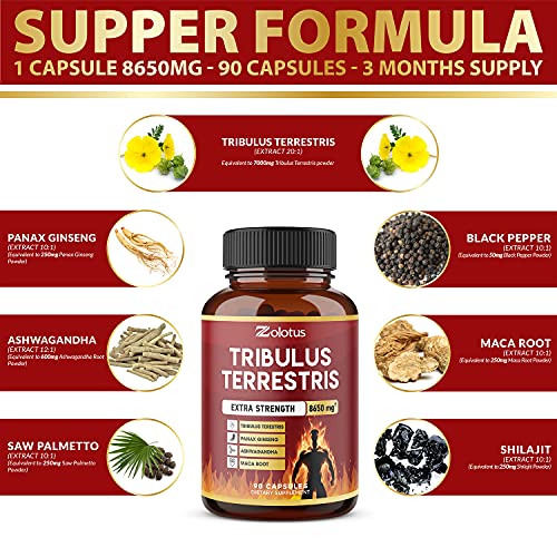 Tribulus Terrestris, 8650mg Per Capsule, Highest Potency with Ashwagndha, Panax Ginseng, Saw Palmetto, Maca, Shilajit. Boost Energy, Mood, Stamina & Performance, for Men & Women, 3 Months Supply.