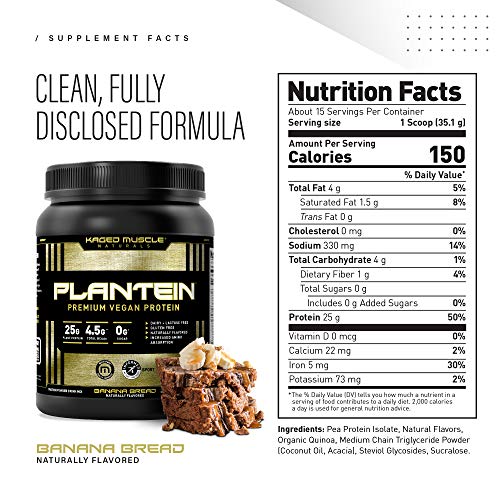 Vegan Protein Powder; Kaged Muscle Plantein, Delicious Organic Pea Protein Powder with Enhanced Absorption (15 Servings, Banana Bread)