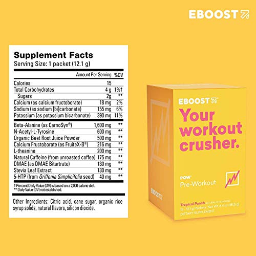 EBOOST POW Natural Pre-Workout Powder – 15 Packets - Tropical Punch - A Pre Workout Supplement for Performance, Joint Mobility Support, Energy, Focus - Non-GMO, Gluten-Free, No Creatine