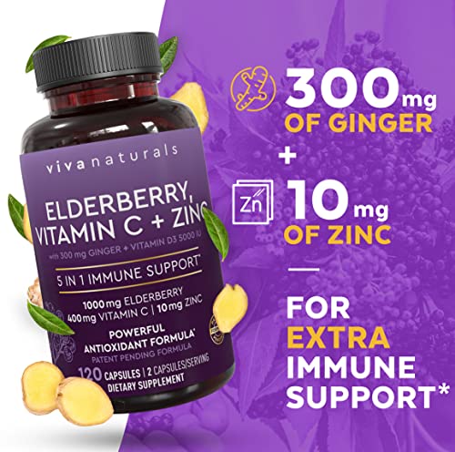 Viva Naturals Elderberry, Vitamin C, Zinc, Vitamin D3 5000 IU & Ginger - Antioxidant & Immune Support Supplement, 2 Month Supply (120 Capsules) - 5 in 1 Daily Immune Support for Adults
