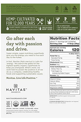 Navitas Organics Hemp Powder, 12 oz. Bag, 11 Servings — Organic, Non-GMO, Cold-Pressed, Gluten-Free