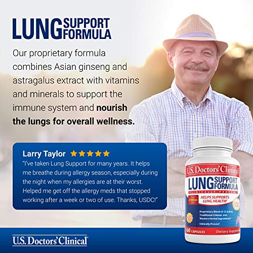 U.S. Doctors' Clinical Lung Support Supplement for Lung and Respiratory Health with Natural Herbs, Magnesium, Vitamin C, and Zinc for Immune Support (Packaging May Vary) [1 Month Supply - 60 Capsules]
