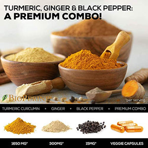 Turmeric Curcumin with BioPerine & Ginger 95% Curcuminoids 1950mg - Black Pepper for Absorption, Made in USA, Natural Immune Support, Turmeric Ginger Supplement by Natures Nutrition - 180 Capsules
