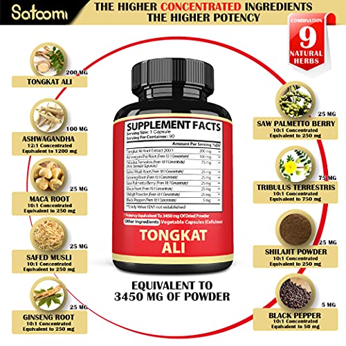 Satoomi Natural Tongkat Ali Root Extract 200:1 - 9 Essential Herbs Equivalent to 3450mg - Support Strength, Energy and Healthy Immune - 1 Pack 90 Vegan Caps 3 Month Supply