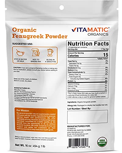 Vitamatic Certified USDA Organic Fenugreek Powder 1 Pound (16 Ounce)