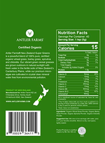 Antler Farms - 100% Pure New Zealand Super Greens Powder, 40 Servings, 200g - Wheat Grass, Barley Grass, Chlorella, Spirulina - Vegan, Gluten Free, Chlorophyll Rich, for Energy and Detox