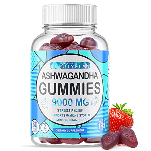 Ashwagandha Gummies Extra Strength 9000mg - Stress Relief & Calm Mood Support with Vitamin D - Ashawanga Root Extract Supplement Support Relaxed & Anxiety Sleep, 60 Vegan Herbal Gummy for Women Men