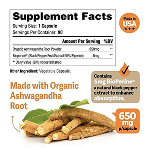 Ashwagandha Capsules 650mg Per Capsule + BioPerine, 90 Vegan Capsules Made with Ashwagandha Root & Black Pepper Extract