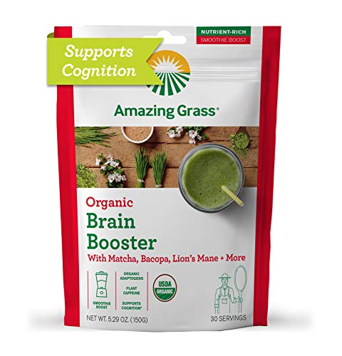 Amazing Grass Brain Booster: Greens Powder with Lions Mane, Matcha, Bacopa & Plant Based Caffeine, Smoothie Booster, Nootropics Support, 30 Servings