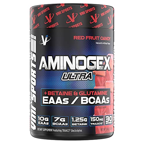 VMI Sports | Aminogex Ultra | BCAA Powder | Amino Acids + Betaine and Glutamine | Amino Acid Post Workout Recovery Drink | Intra Workout Drink with TRAACS Electrolytes | (Red Fruit Candy, 30 Servings)