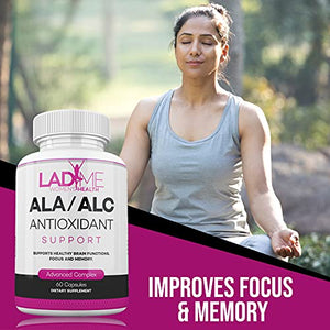 ALA / ALC Extra Strength Supplement - Alpha Lipoic Acid with Acetyl L-Carnitine 850 mg ALCAR Amino Acid Source for Brain Function, Memory, Focus, Antioxidant Support for Women by Ladyme 60 Capsules