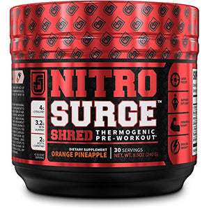 NITROSURGE Shred Pre Workout Supplement - Energy Booster, Instant Strength Gains, Sharp Focus, Powerful Pumps - Nitric Oxide Booster & PreWorkout Powder - 30Sv, Orange Pineapple