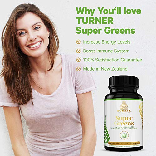 TURNER Super Greens Capsules with UAF1000+, Wheat Grass Supplement, All-Natural New Zealand Green Superfood Energy, Essential Veggies, Antioxidants, Enzymes, Detox & Cleanse, 180 Capsules, 2 Bottles