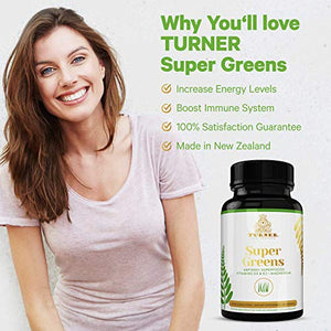 TURNER Super Greens Capsules with UAF1000+, Wheat Grass Supplement, All-Natural New Zealand Green Superfood Energy, Essential Veggies, Antioxidants, Enzymes, Detox & Cleanse, 180 Capsules, 2 Bottles