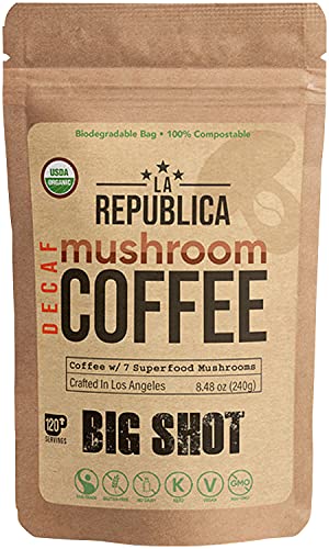 La Republica Organic Decaf Mushroom Coffee with 7 Superfood Mushrooms, Great Tasting Instant Coffee Mix Includes Lion's Mane, Reishi, Chaga, Cordyceps, Shiitake, Maitake, and Turkey Tail (Big Shot)