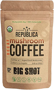 La Republica Organic Decaf Mushroom Coffee with 7 Superfood Mushrooms, Great Tasting Instant Coffee Mix Includes Lion's Mane, Reishi, Chaga, Cordyceps, Shiitake, Maitake, and Turkey Tail (Big Shot)