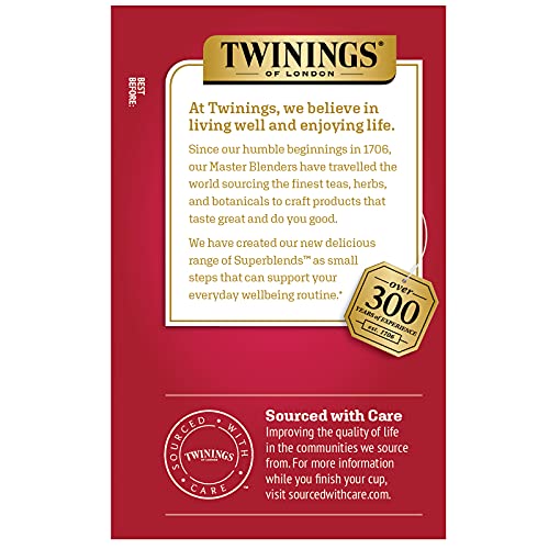 Twinings Superblends Heartea + Vitamin B1, Raspberry Flavoured Hibiscus Herbal Tea, Caffeine-Free, 16 Tea Bags (Pack of 6)