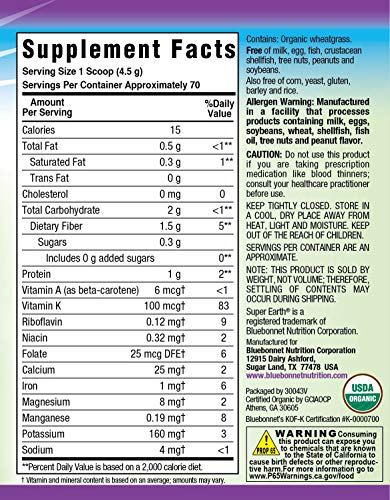 Bluebonnet Nutrition Super Earth Organic Wheatgrass, Green Powder Superfood, Dark Green, 11.2 Ounce