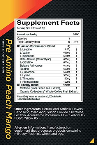 Rule One Proteins, R1 Pre Amino – Peach Mango, Anytime Energy Boost, Amino Acid Complex, Caffeine from Green Tea and Coffee Extracts, Energy, Endurance, Focus Support, 30 Servings