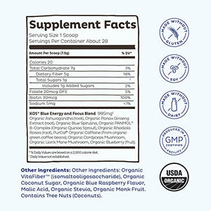 KOS Natural Pre Workout Powder - Blue Raspberry Flavored Blue Spirulina Blend - 70 mg Organic Caffeine, Ginseng, Cordyceps