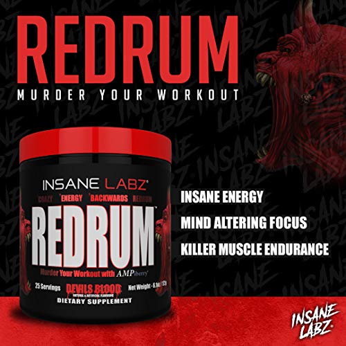 Insane Labz Redrum High Stim Pre Workout NO Booster Powder, Loaded with Beta Alanine Agmatine Sulfate Taurine Fueled by AMPiberry, OXYgold,Focus Strength Recovery,25 Srvgs Devil's Blood Black Cherry