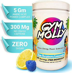 Gym Molly Pre Workout Powder Energy Drink Supplement | Vegan BCAAs | 0 Carbs | for Men & Women, Blue Raspberry Lemonade (30 Servings, 11.4 oz)