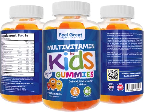 Vegetarian Kids Multivitamin Gummies by Feel Great Vitamin Co. | Plant Based Fruit Pectin Vitamins for Kids | Supports Growth of Bones & Muscles, Supports The Immune System with Zinc. | 45 Day Supply