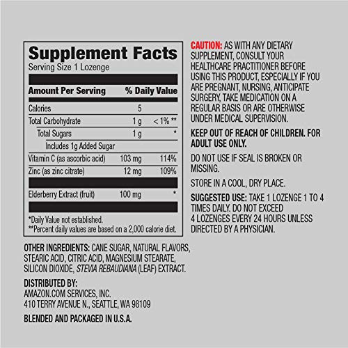 Amazon Elements Elderberry Complex, Immune System Support, 60 Berry Flavored Lozenges, Elderberry 100mg, Vitamin C 103mg, Zinc 12mg per Serving (Packaging may vary)