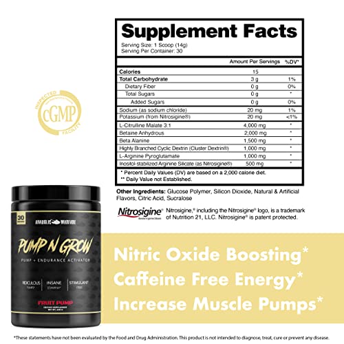 Title: Pump-N-Grow Muscle Pump and Nitric Oxide Boosting Supplement by Anabolic Warfare * - Caffeine Free Pre Workout with L-Citrulline, L-Arginine, Beta-Alanine (Au Naturel – 30 Servings)