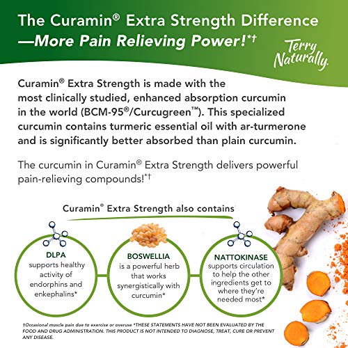 Terry Naturally Curamin Extra Strength - 120 Vegan Tablets - Non-Addictive Pain Relief Supplement with Curcumin from Turmeric, Boswellia & DLPA - Non-GMO, Gluten-Free - 40 Servings
