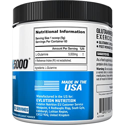 Evlution Nutrition L-Glutamine 5000, 5g Pure L Glutamine Per Serving, Post Workout, Nitrogen Transporter, Immune Support, Vegan, Gluten-Free, Unflavored Powder (60 Servings)