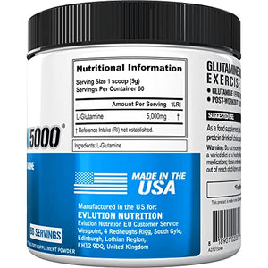 Evlution Nutrition L-Glutamine 5000, 5g Pure L Glutamine Per Serving, Post Workout, Nitrogen Transporter, Immune Support, Vegan, Gluten-Free, Unflavored Powder (60 Servings)