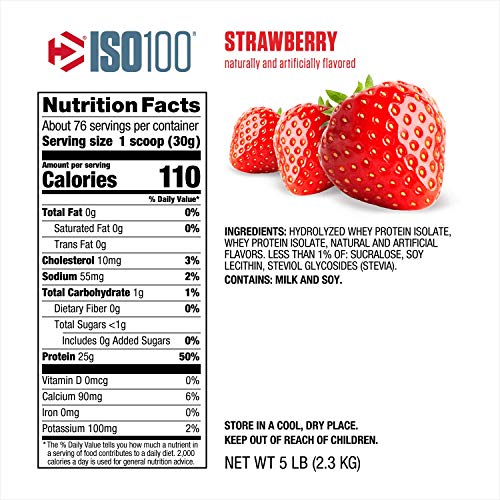 Dymatize ISO100 Hydrolyzed Protein Powder, 100% Whey Isolate Protein, 25g of Protein, 5.5g BCAAs, Gluten Free, Fast Absorbing, Easy Digesting, Strawberry, 5 Pound