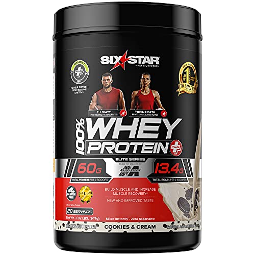 Six Star Whey Protein Powder Plus + Immune Support, Isolate & Peptides + Muscle Builder for Gain & Recovery, Cookies and Cream, 32 Oz