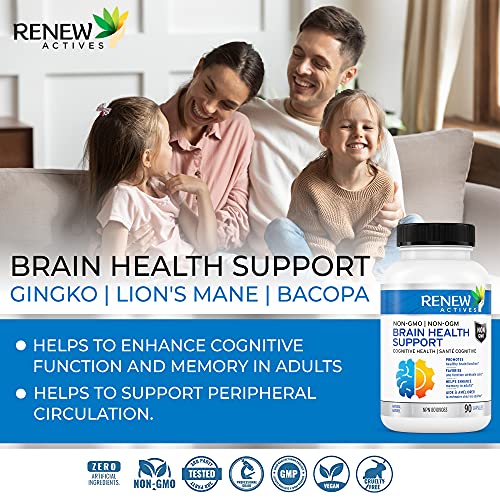 Renew Actives Natural Brain Health Support – 90 Capsules Vitamin Supplements with Bacopa, Gingko Biloba, Lion’s Mane - Cognitive Health, Enhanced Memory, Healthy Brain Functions