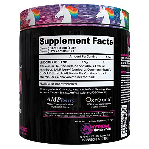 Mythical Nutrition Unicorn PRE Workout by Insane Labz, Pre Workout Powder with Edible Glitter, Extreme Energy Nitric Oxide Boosting, Beta Alanine Betaine Taurine AMPiberry, 35 Srvgs, Sparkling Blue