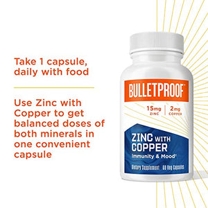 Bulletproof Zinc with Copper Capsules, 60 Count, Minerals and Antioxidant Supplement for Immunity and Mood