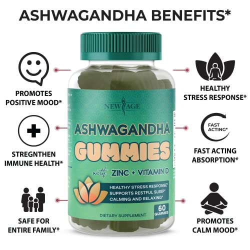 Ashwagandha Gummies by NEW AGE – with Vitamin D & Zinc - Supports Healthy Stress Response - Vegetarian – Vegan – Non-GMO – Gluten-Free – Dairy-Free – Gelatin-Free -120 Count - 2-Pack