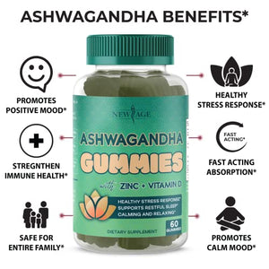 Ashwagandha Gummies by NEW AGE – with Vitamin D & Zinc - Supports Healthy Stress Response - Vegetarian – Vegan – Non-GMO – Gluten-Free – Dairy-Free – Gelatin-Free -120 Count - 2-Pack