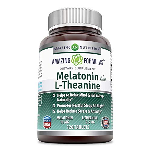 Amazing Nutrition Amazing Formulas Melatonin plus L-Theanine Dietary Supplement - 10 mg - 120 Tablets - (Non-GMO, Gluten Free) Promotes Restful, All-Night Sleep - Helps Reduce Anxiety and Stress