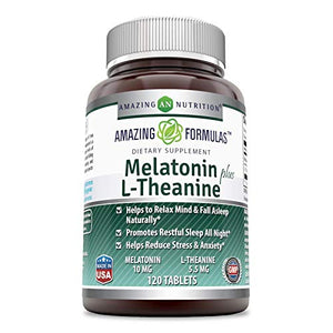 Amazing Nutrition Amazing Formulas Melatonin plus L-Theanine Dietary Supplement - 10 mg - 120 Tablets - (Non-GMO, Gluten Free) Promotes Restful, All-Night Sleep - Helps Reduce Anxiety and Stress