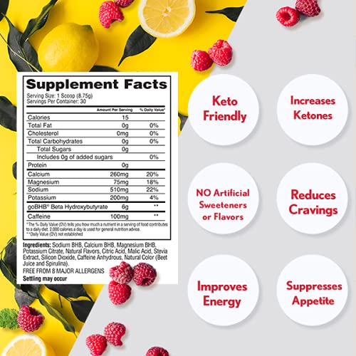 KetoLogic BHB Exogenous Ketones Drink Powder + Electrolytes + Caffeine - Keto Pre-Workout - Patented goBHB® Max Results - Amplify Ketosis, Utilize Fat for Energy (30 Servings) Raspberry Lemonade