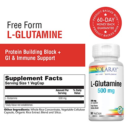 Solaray L-Glutamine 500mg | Healthy Muscle Recovery, Gastrointestinal & Immune System Support | Non-GMO | Vegan | Lab Verified | 50 VegCaps