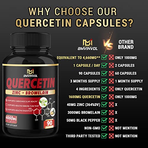 Quercetin Supplement 4660 mg - Supports Cardiovascular Health, Immune System and Antioxidant - with Bromelain, Black Pepper Extract - 3 Month Supply
