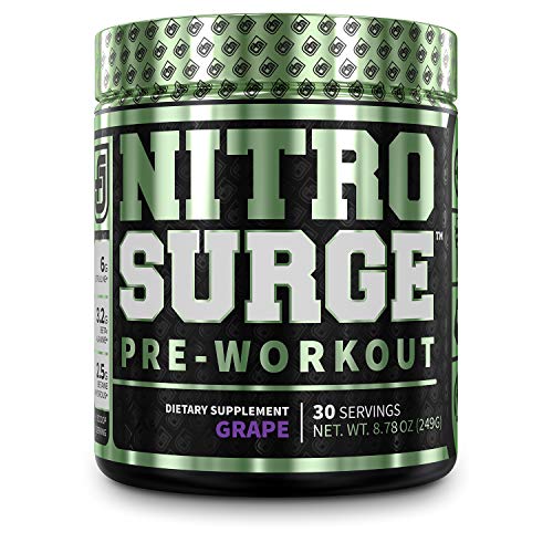 NITROSURGE Pre Workout Supplement - Endless Energy, Instant Strength Gains, Clear Focus, Intense Pumps - Nitric Oxide Booster & Powerful Preworkout Energy Powder - 30 Servings, Grape