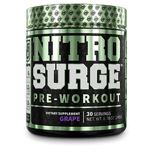 NITROSURGE Pre Workout Supplement - Endless Energy, Instant Strength Gains, Clear Focus, Intense Pumps - Nitric Oxide Booster & Powerful Preworkout Energy Powder - 30 Servings, Grape