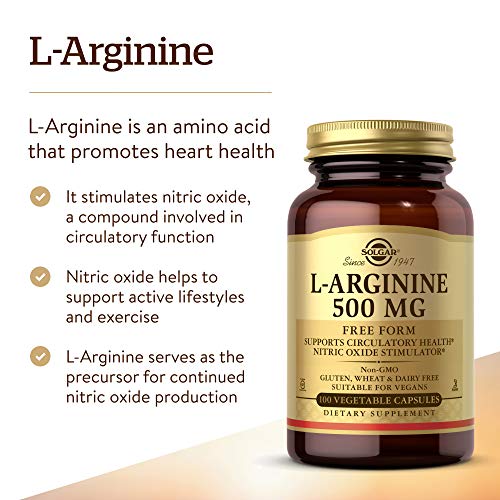 Solgar L-Arginine 500 mg, 100 Vegetable Capsules - Supports Blood Flow & Heart Health - Nitric Oxide Stimulator - Supports Active Lifestyles - Non-GMO, Gluten Free, Dairy Free, Kosher - 100 Servings