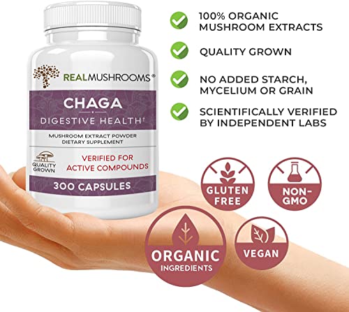 Real Mushrooms Chaga Capsules for Digestive Health and Immune Support (300ct) Vegan, Non-GMO Chaga Extract Supplements, Verified Levels of Beta-Glucans